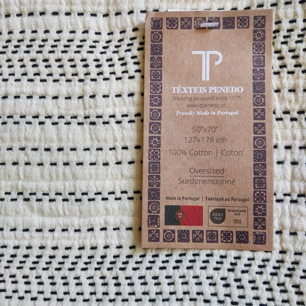🎁Texteis Penedo Throw Blanket - 100% Cotton - Dash Oatmeal and Black